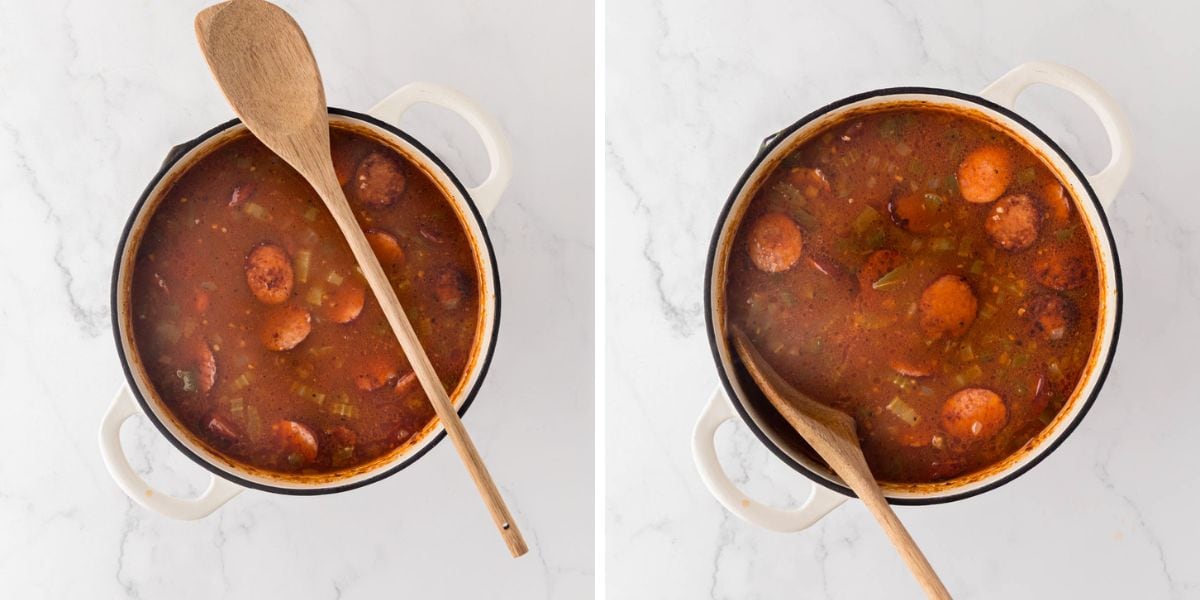 A wooden spoon, stirring red beans in a pot.