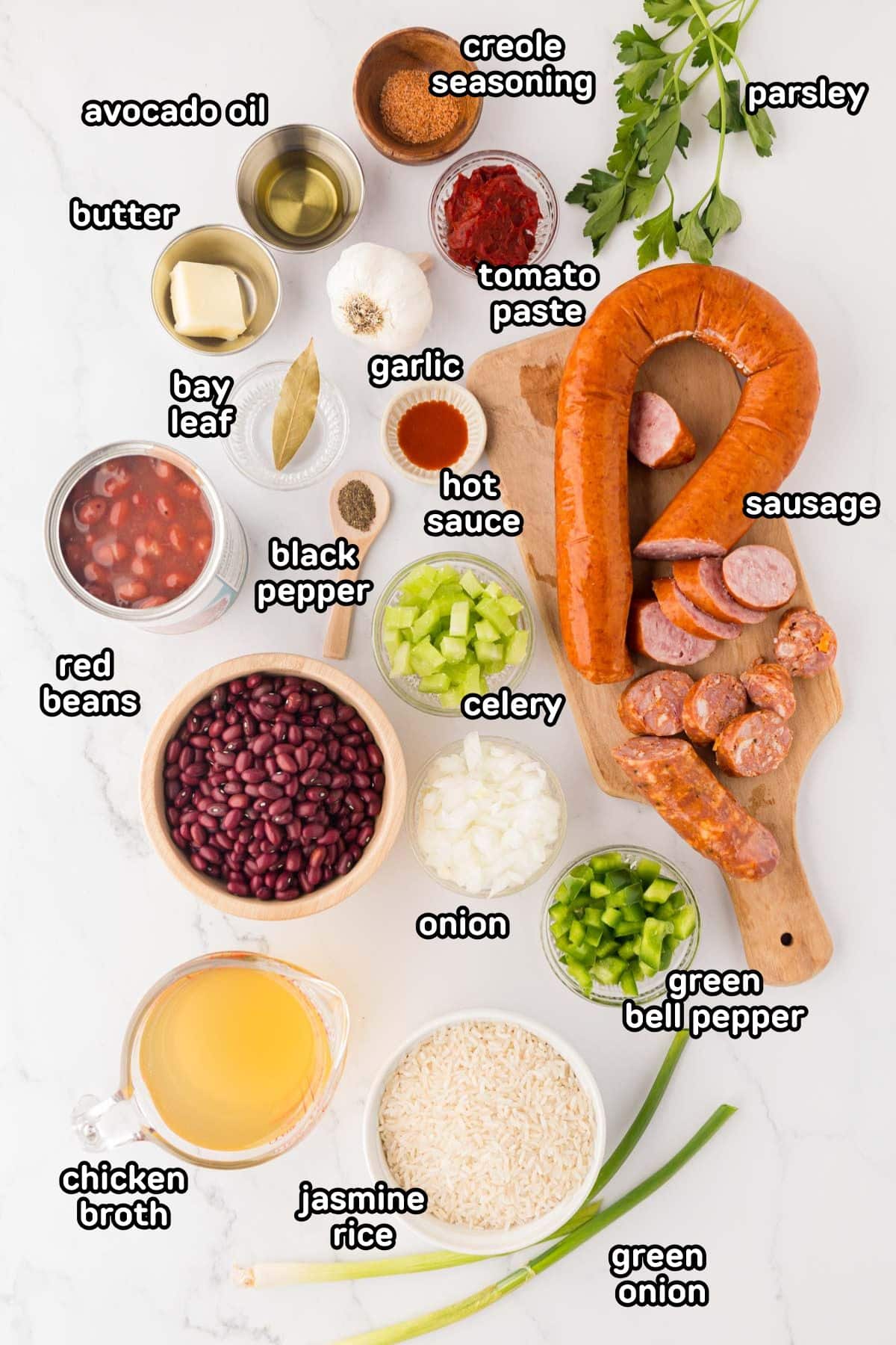 A labeled image of ingredients needed to make red beans and rice.