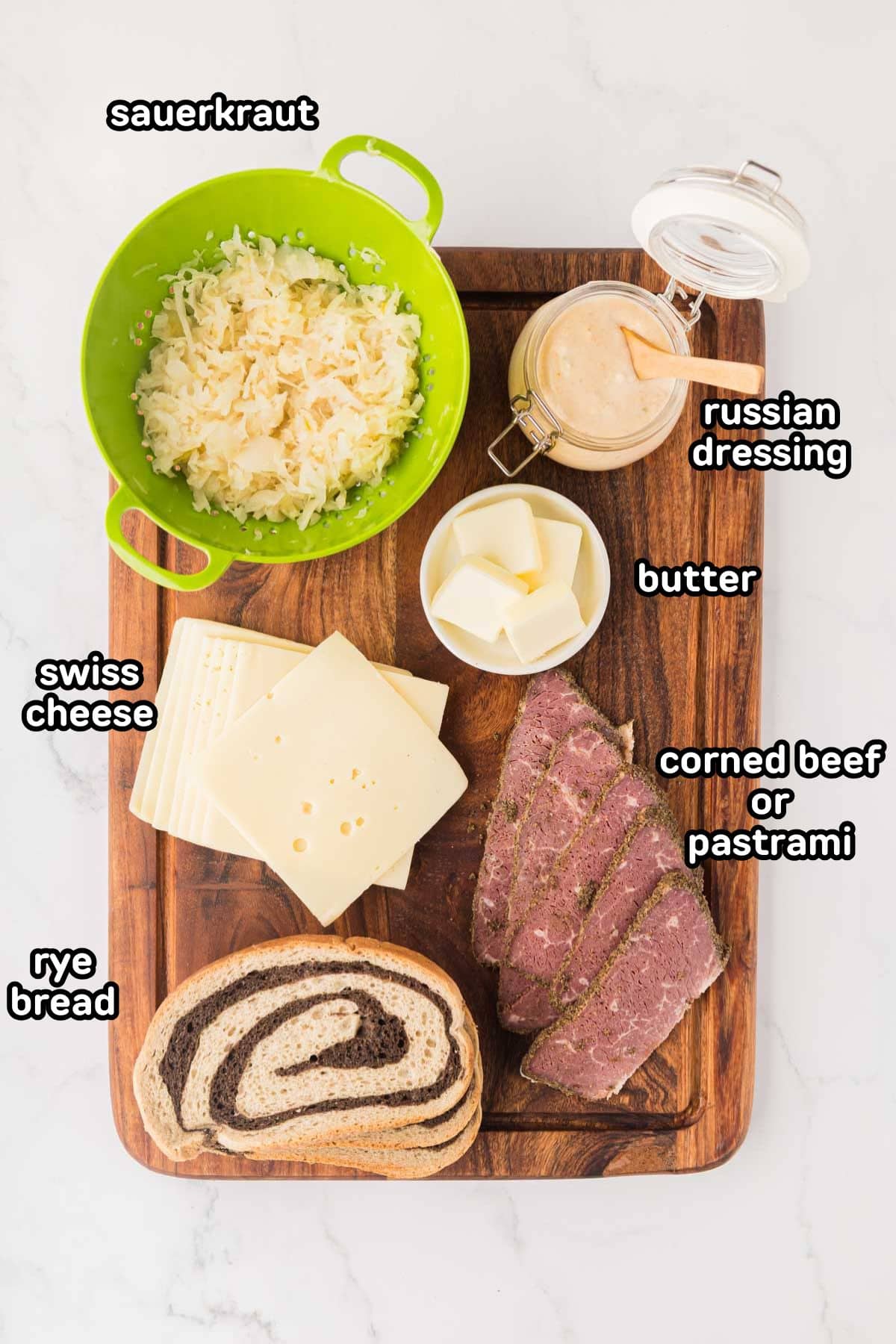 A labeled image of ingredients needed to make a reuben sandwich.