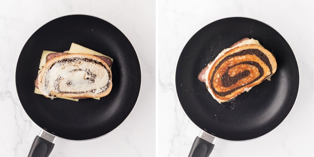 sandwich in a frying pan.