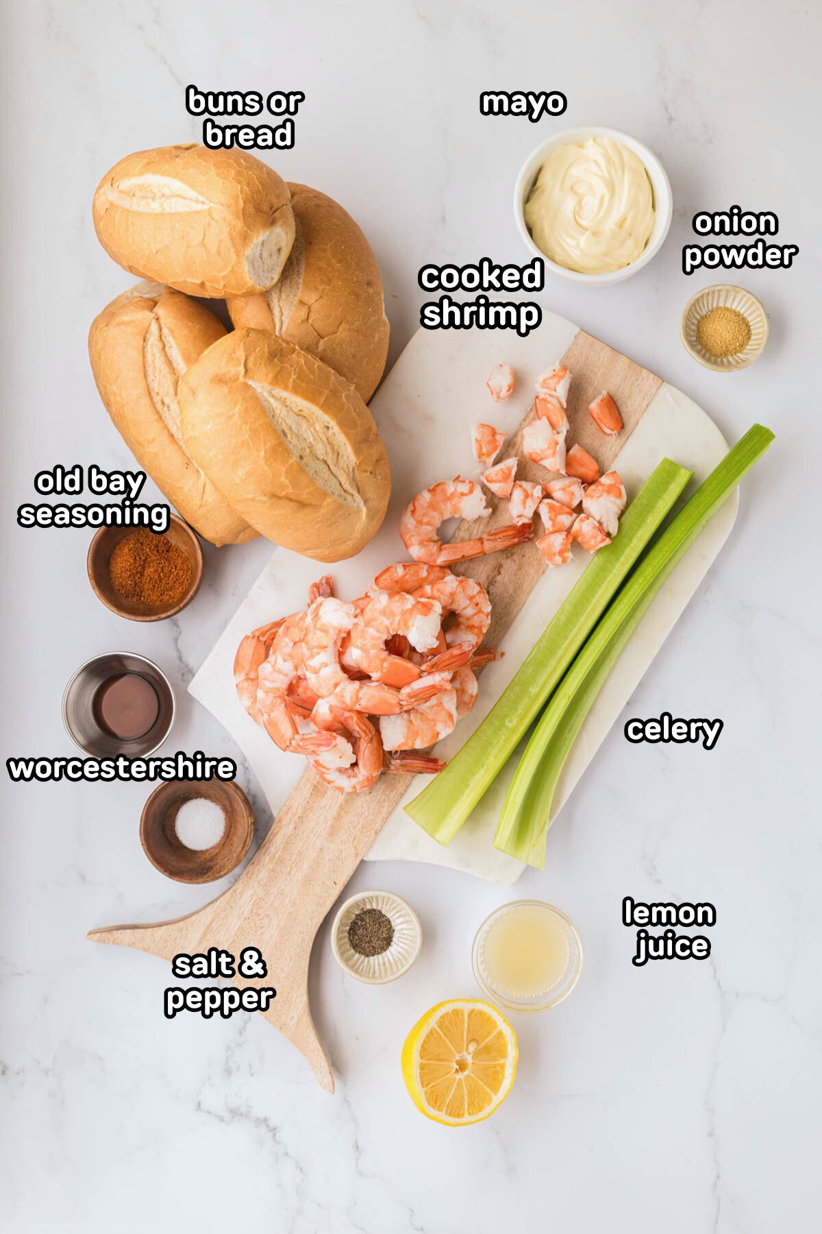 A labeled image of ingredients needed to make salad sandwiches.