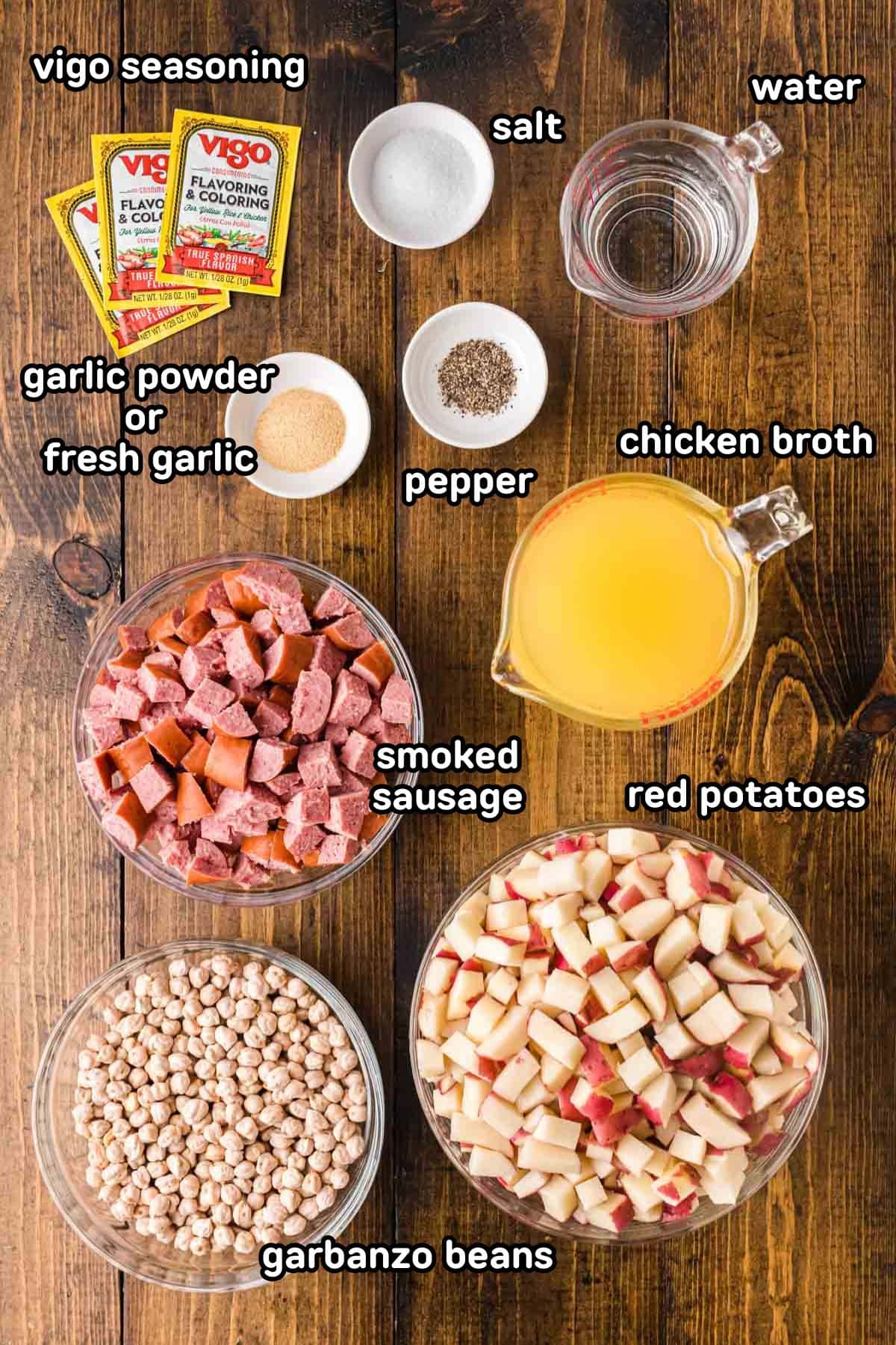 A labeled image of ingredients needed to make spanish bean soup.