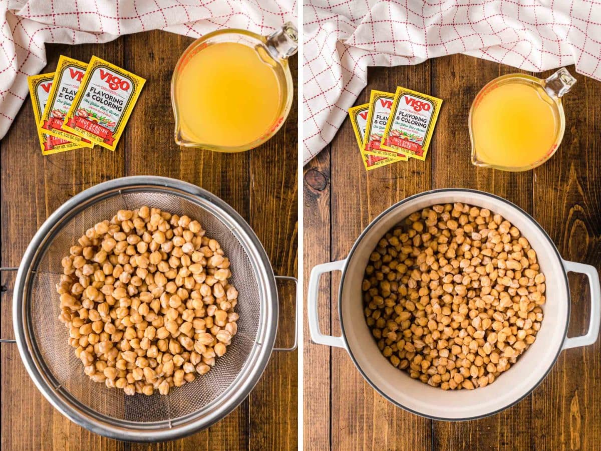 Garbanzo beans, drained in a colander and then poured into a pot.